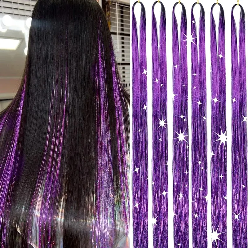6Pcs 24inch Purple Tinsel Hair Kit Glitter Hair Extension Shiny Colored Hair Tinsel for Women Christmas Party Use Sparkling Hair