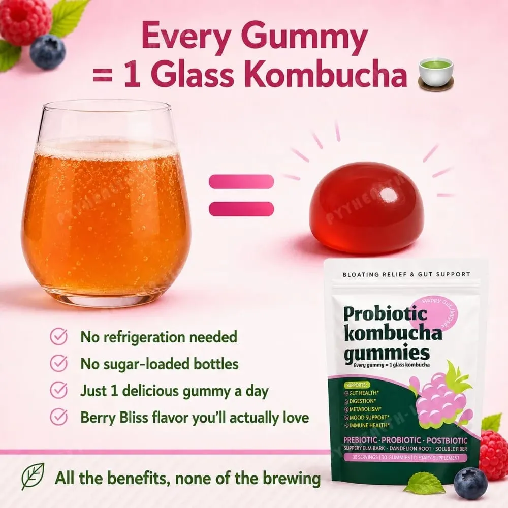 Probiotic Kombucha Gummies Berry 30 Ct Prebiotic Postbiotic Gut Health Digestion Bloating Relief Immune Vegan Non-GMO Supplement
