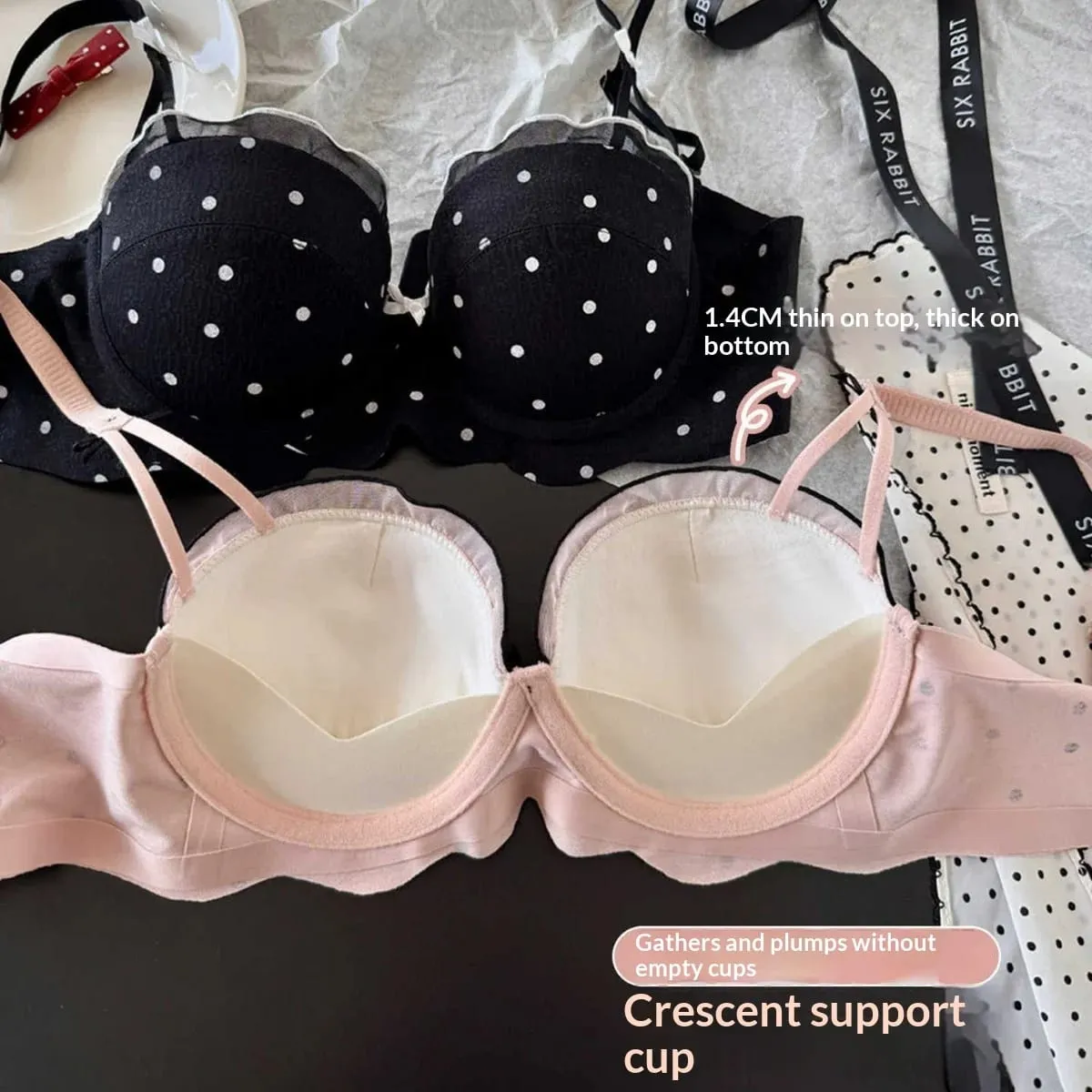 Conjunto de sujetador de lunares de encaje, conjunto de dos piezas con busto pequeño, colección de pecho lateral antiflacidez, conjunto de lencería cómodo sin aros