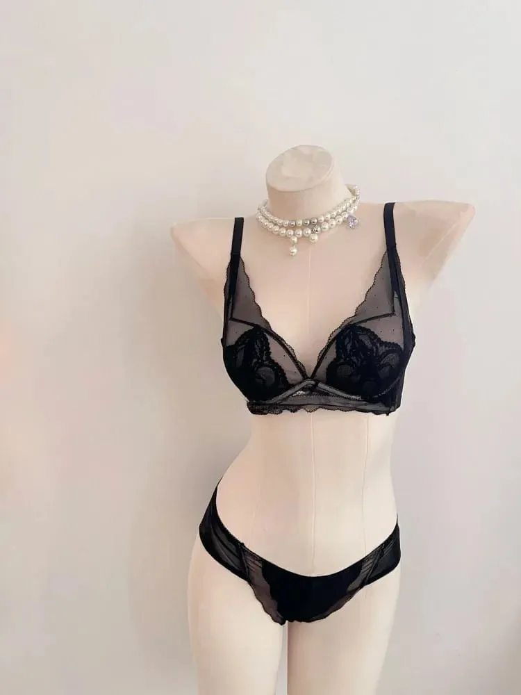 French Style Soft Lace Wireless Bra Set Women Push Up Small Breast Lift Full Cup Sexy Adjustable Comfort Lingerie Set Daily Wear