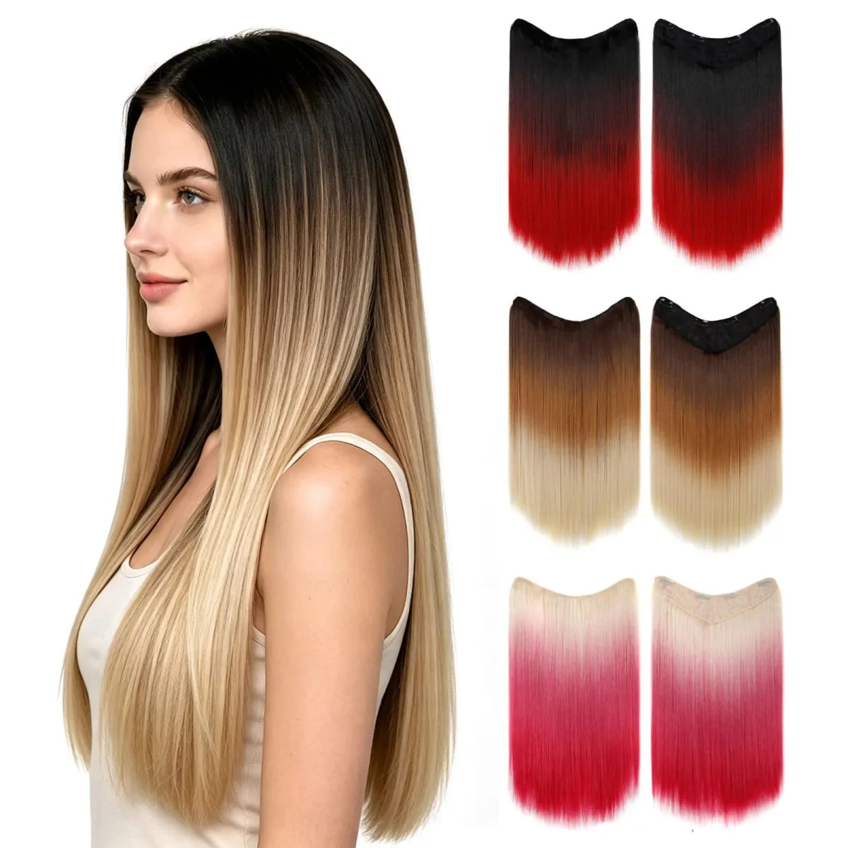 Clip In Hair Extension Ombre Color Brown Blonde V-Shape One Piece Straight Hair Whit 4 Clips Synthetic Hair Pieces For Women