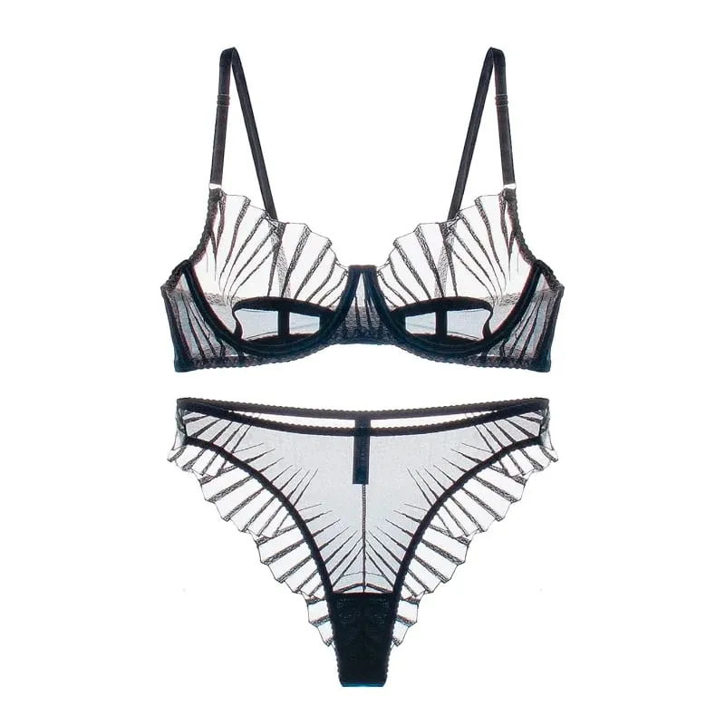 2-piece Women's Brief Sets Black Scallop Chest Cup Embroidered Lingerie Set Underwear Black Mesh Hot Unlined Minimizer Bra
