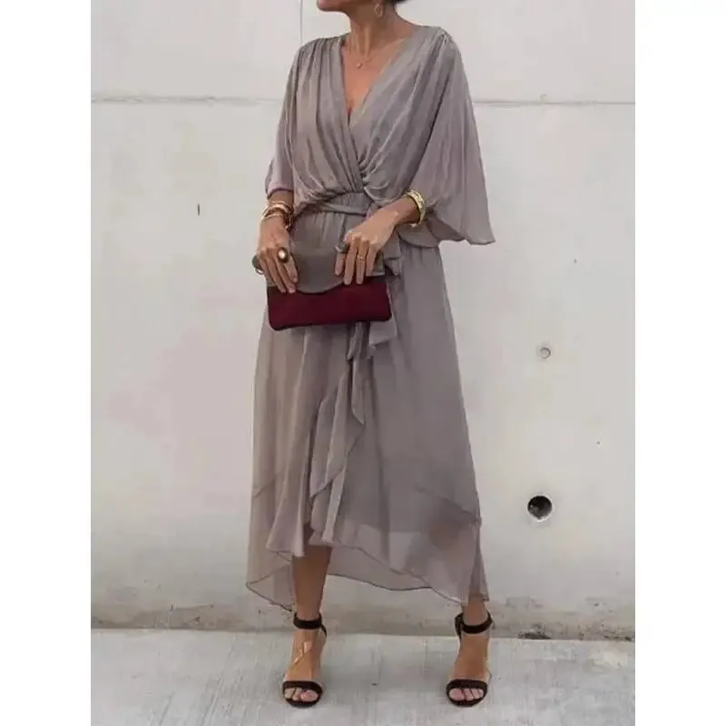 Stylish Elegant Chiffon Casual Solid Lace Up Dress Women V-Neck Bat Sleeves Irregulares Midi Dresses Summer Resort Wear