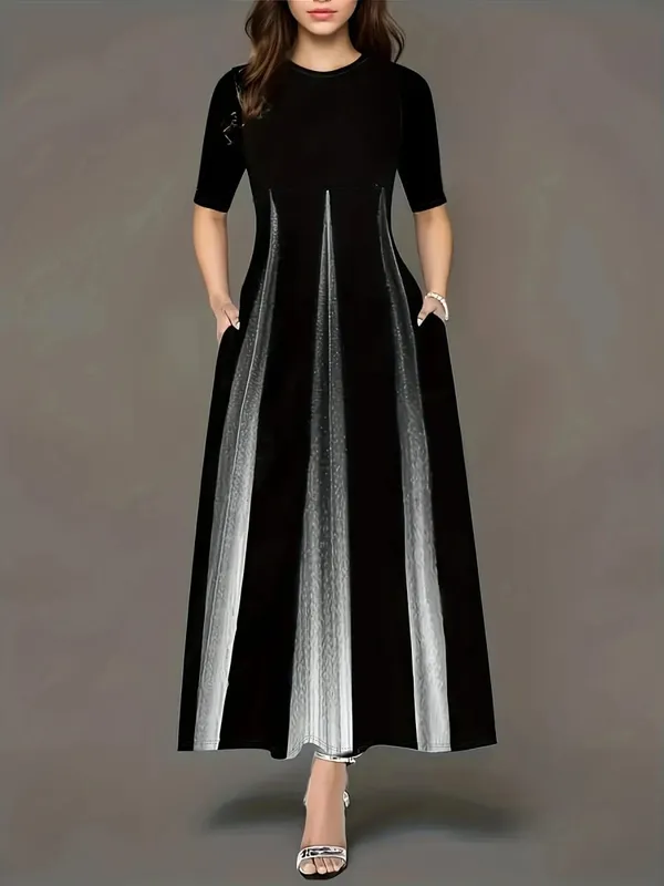 Summer new gradient vertical print dress with round neck loose sleeves slimming temperament long skirt
