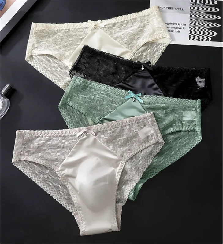 Sexy men's underwear Mesh lace cueca satin splicing sissy cuecas masculino naked feel calzoncillos hombre adults 18 plus size