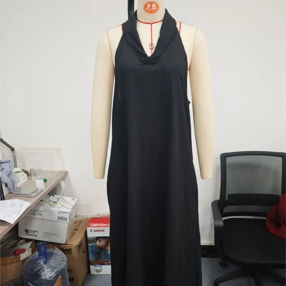 Women's Casual Dresses Sexy Solid V Neck Pocket A-Line Long Dress Spring Summer Sleeveless Loose Beach Vacation Maxi Mujer Dress