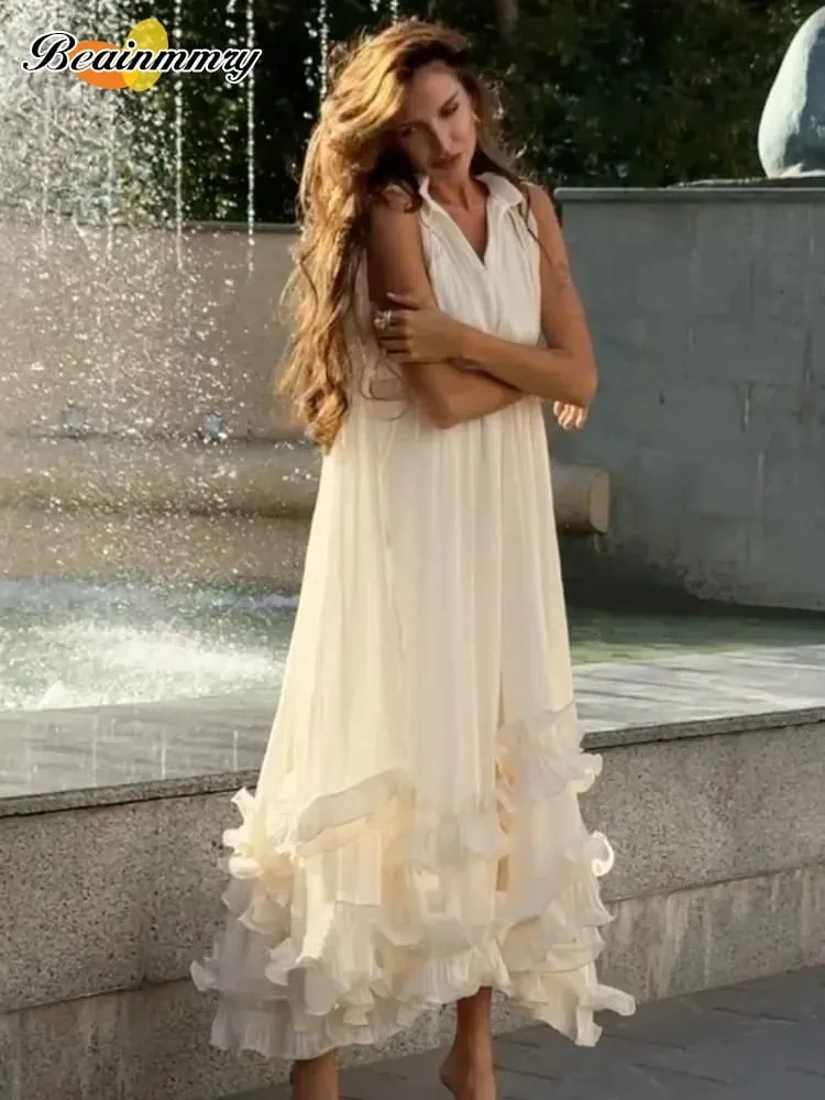 Ruffle Solid Maxi Dress Women Fashion Lapel V-neck Sleeveless Pleated High Waist Dresses 2026 Summer Lady Chic Vacation Robes