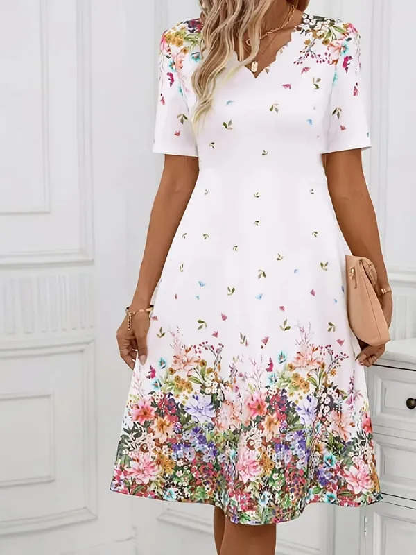 Women Scalloped V Neck Short Sleeve Midi Dress Elegant Floral Print High Waist A Line Casual Sundress Ladies Summer Party Robe