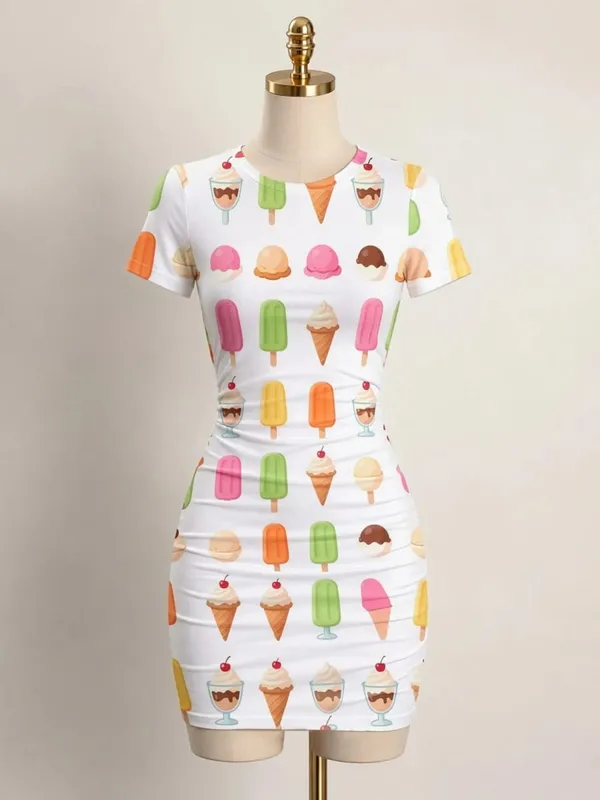 Womens Short Sleeve Bodycon Mini Dress Slim Fit Crew Neck Floral Print Casual Summer Party Cute Comfy Vacation Vacation Sundress