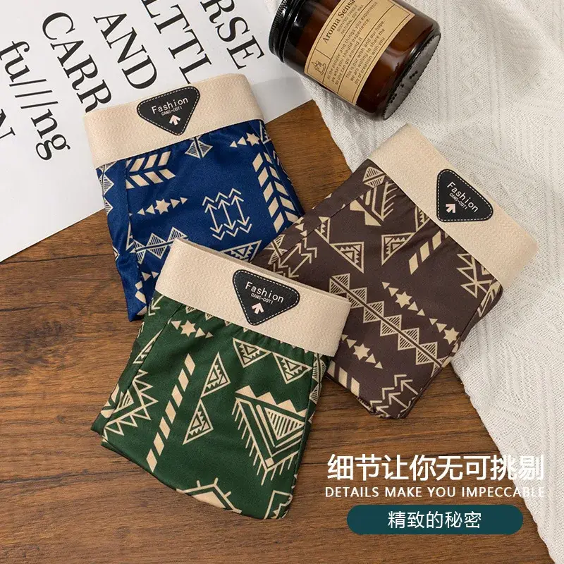 Erkek Boxer Retro Etnik Tarzı Rahat Pürüzsüz Kumaş Külot Vintage Baskı Elastik Iç Çamaşırı Erkek Iç Çamaşırı Düz ​​Külot