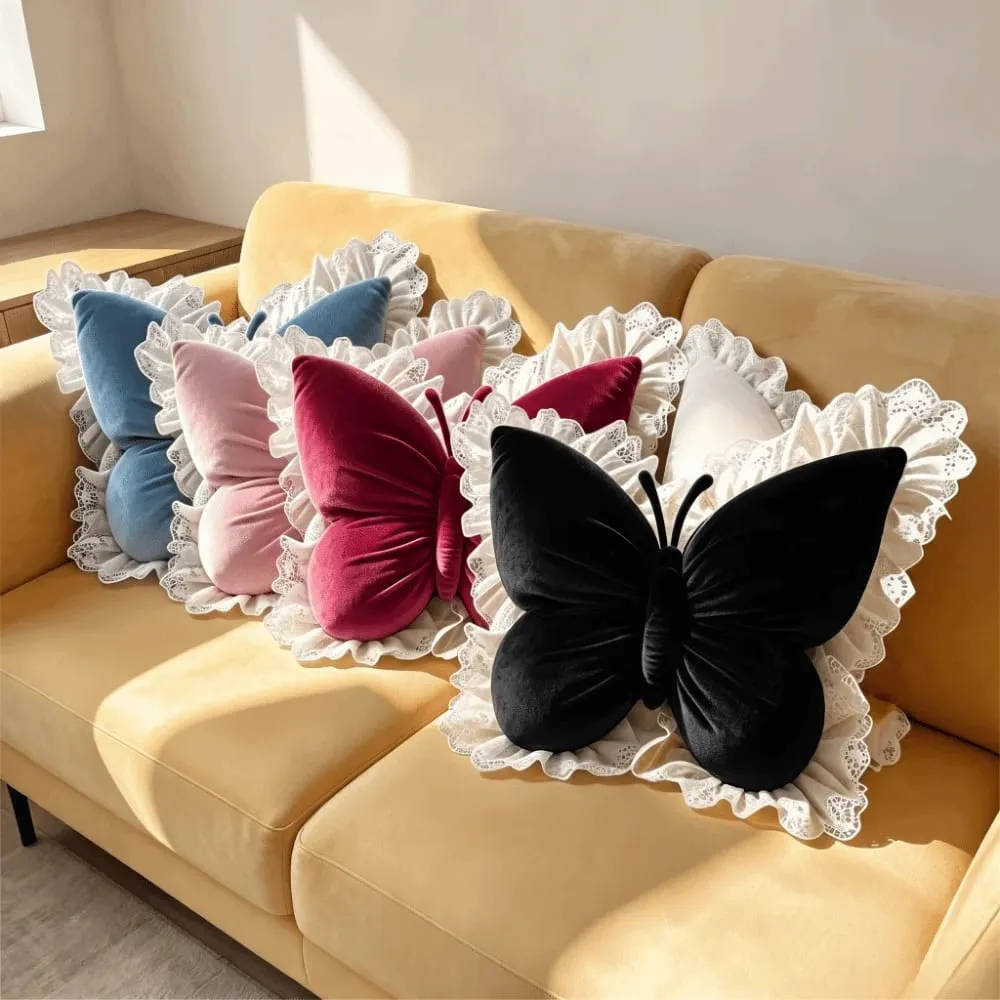 Elegant Velvet Butterfly Pillow Soft Lace Trim Bow Cushion New Cute Bow Throw Pillow Office