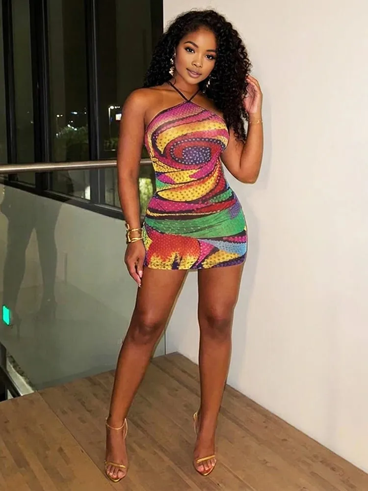Weird Puss Colorful Print Mini Dress Woman Hottie Trend Lace-Up Halter Off Shoulder Skinny Wrap Hip Midnight Club Party Bodycon