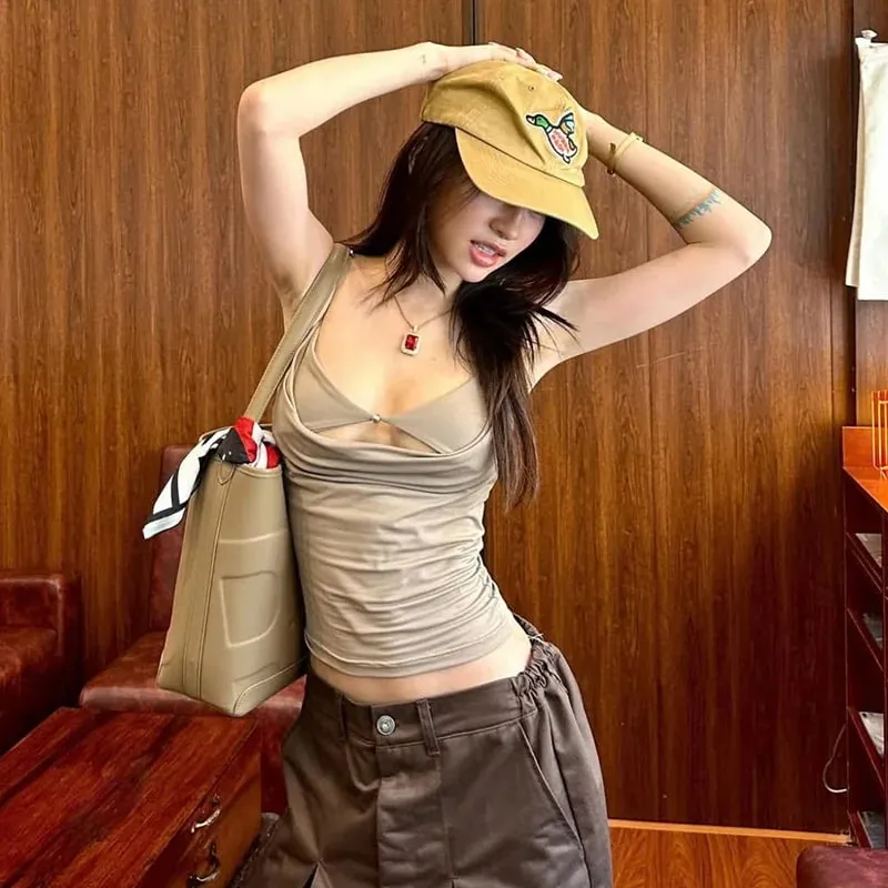 Y2K Pure Desire Draped Neck Tank Top Women Ins Fashion Sexy Slim Spaghetti Strap Cami Vest Summer Casual Tops