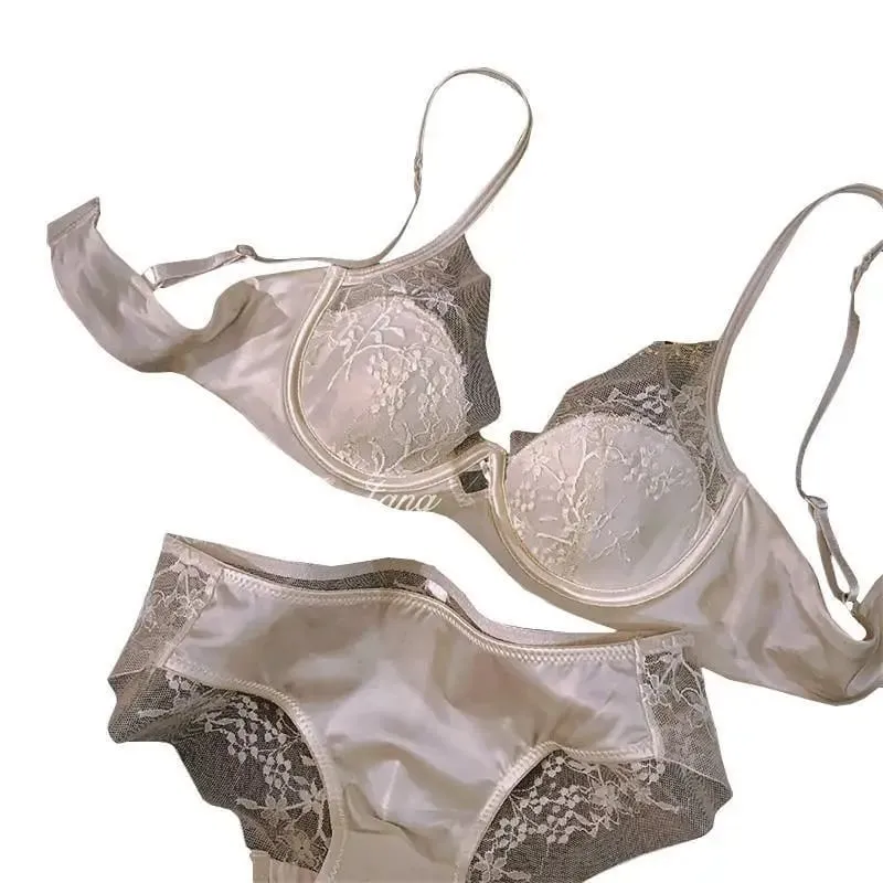 Lace Satin Lingerie Set for Summer Small Chest Gathering Soft Steel Ring Support Anti Sagging Bra Underwear Two-Piece Set
