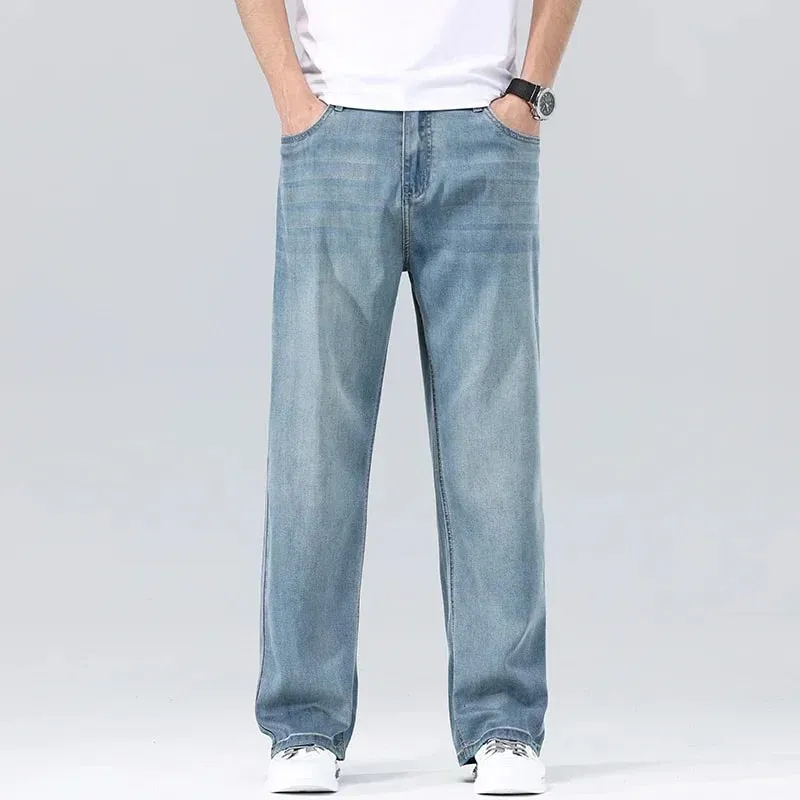Men's Loose Jeans Summer Fashion Drape Soft Fabric Ultra Thin Pants Wide Legs Ice Silk Lyocell Business Straight Denim Trousers