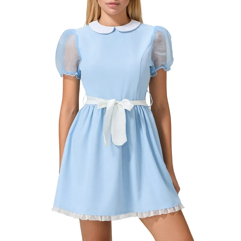 Kawaii Doll Collar Dress Puff Sleeve Tiered Ruffle A-Line Dress dengan Bow Belt for Daily Party Club Lolita Style Fairy Mini Dress