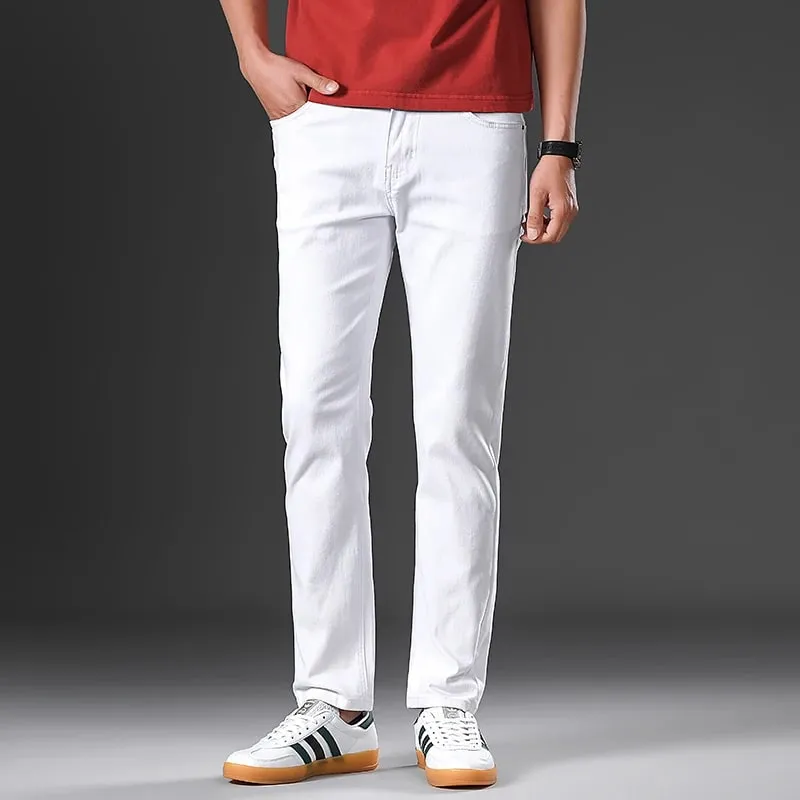 ArmyGreen Elastic Cotton Jeans Men's Spring Fashion Slim Straight Denim Pants Comfort Large Size Korean Business Casual Trousers — image 4