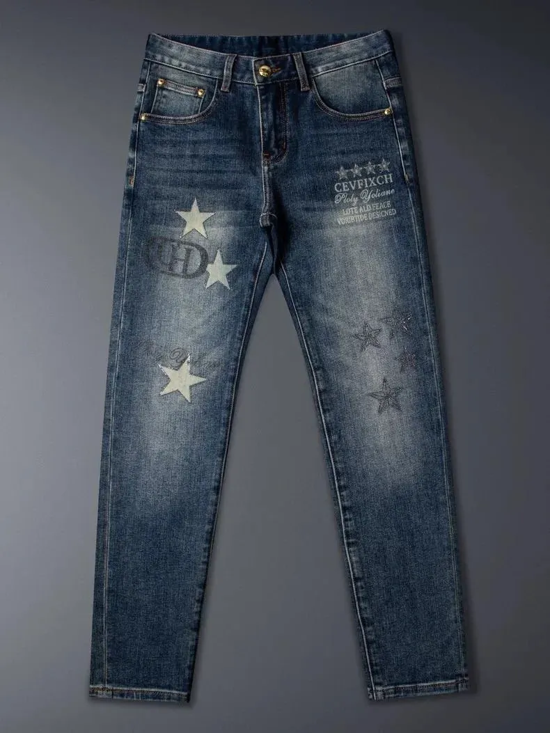 New Spring/Autumn Fashion Trendy Printed Straight-Leg Stretch Denim Jeans Men's Casual Loose Sports High-Quality Trousers