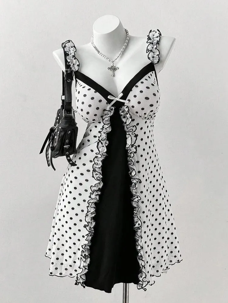 Plus Size Y2K Polka Dot Dress Ruffle Trim Bow Front Cami Mini Dress Sexy Sweet Coquette Style Party Dress for Women