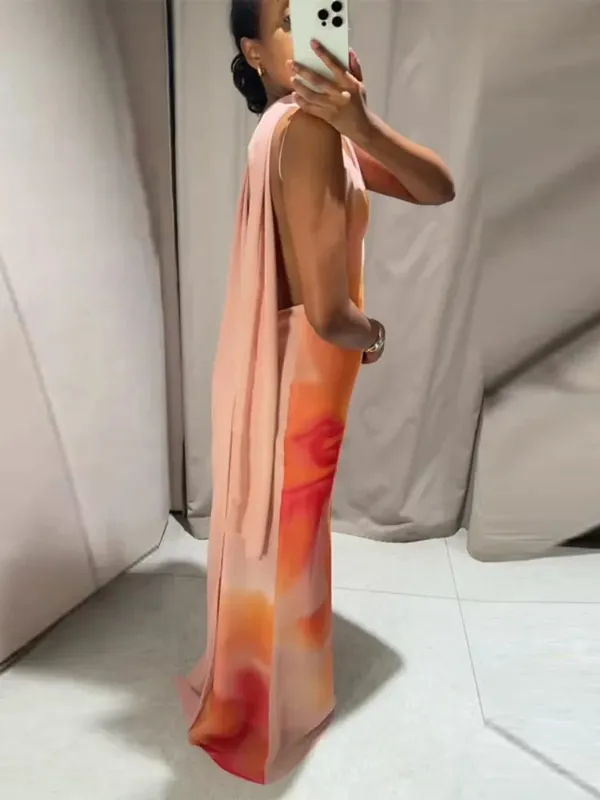 Elegant Tie-Dye Gradient พิมพ์ชุดสลิงยาวผ้าพันคอผู้หญิงวันหยุดแขนกุดชุดราตรีเปลือยฤดูร้อนวันหยุด Robes — image 6