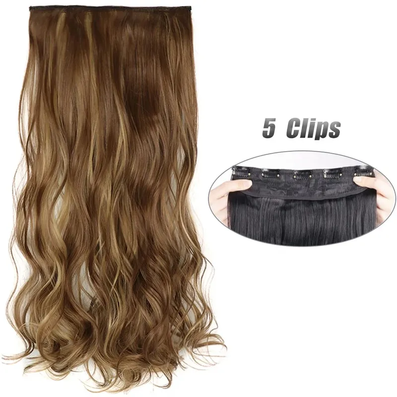 Long Wavy 5 Clip In Hair Extension Mga Synthetic Fiber Hairpieces na 22/32'' Black Blonde Mixed color False Hair Daily Use
