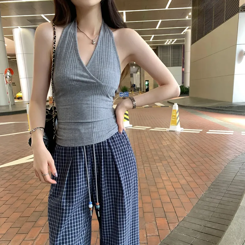 2026 Summer New Outer Wear Tank Top Spice Girl Style Halter Cross V Neck Women Camisole Korean Style Solid Color Crop Top