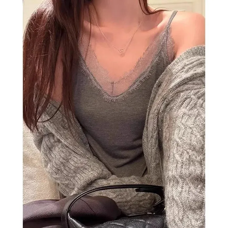 Pure Cotton Lace V-Neck Strap Vest Women's Spring Summer New plus Size Slim Fit Outerwear Inner Match Sleeveless Top