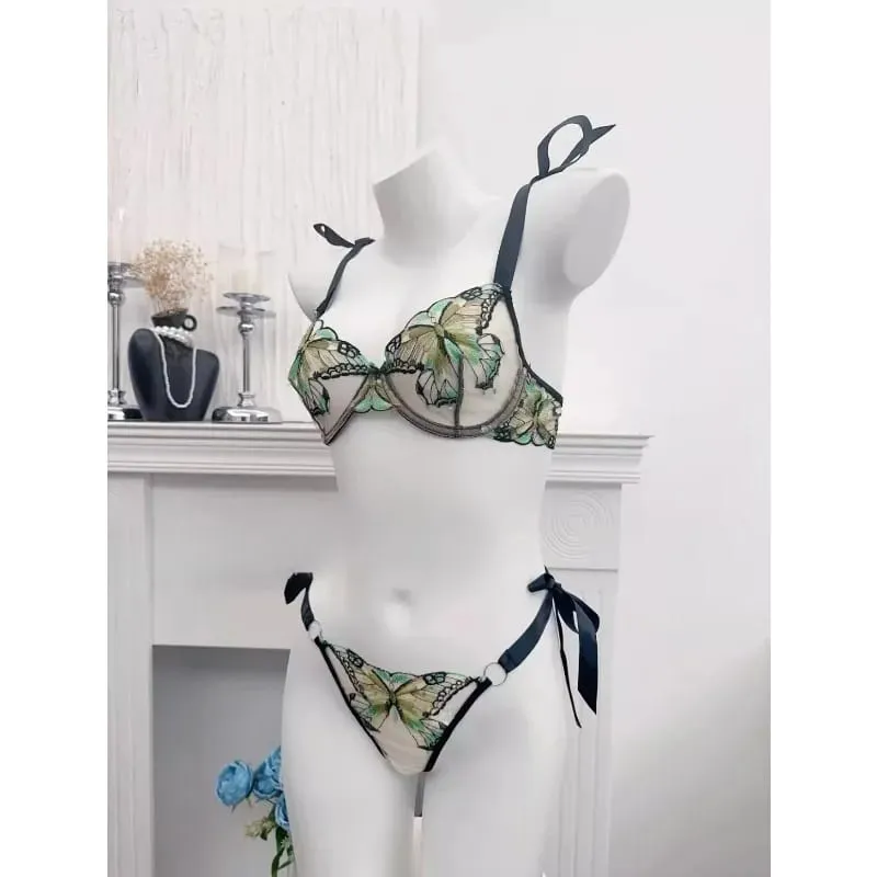 Butterfly Embroidery French Lace Bra Sheer Net Elastic Straps No Padding Romantic Womens Lingerie Set S-XL Soft Comfy