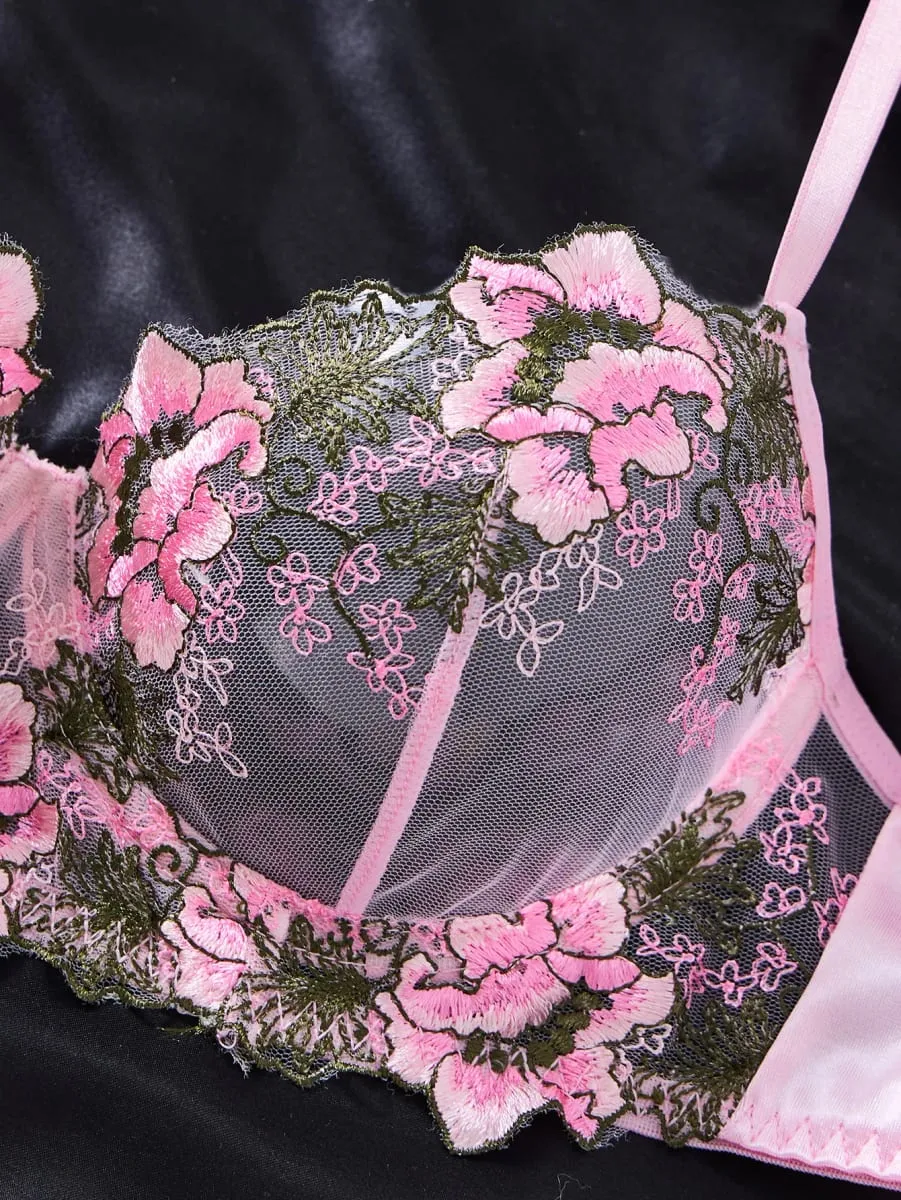 Women Floral Embroidery Lace Lingerie Set Push‑Up Bra & Thong Mesh Satin Intimate Underwear for Daily Nightwear ZA825146