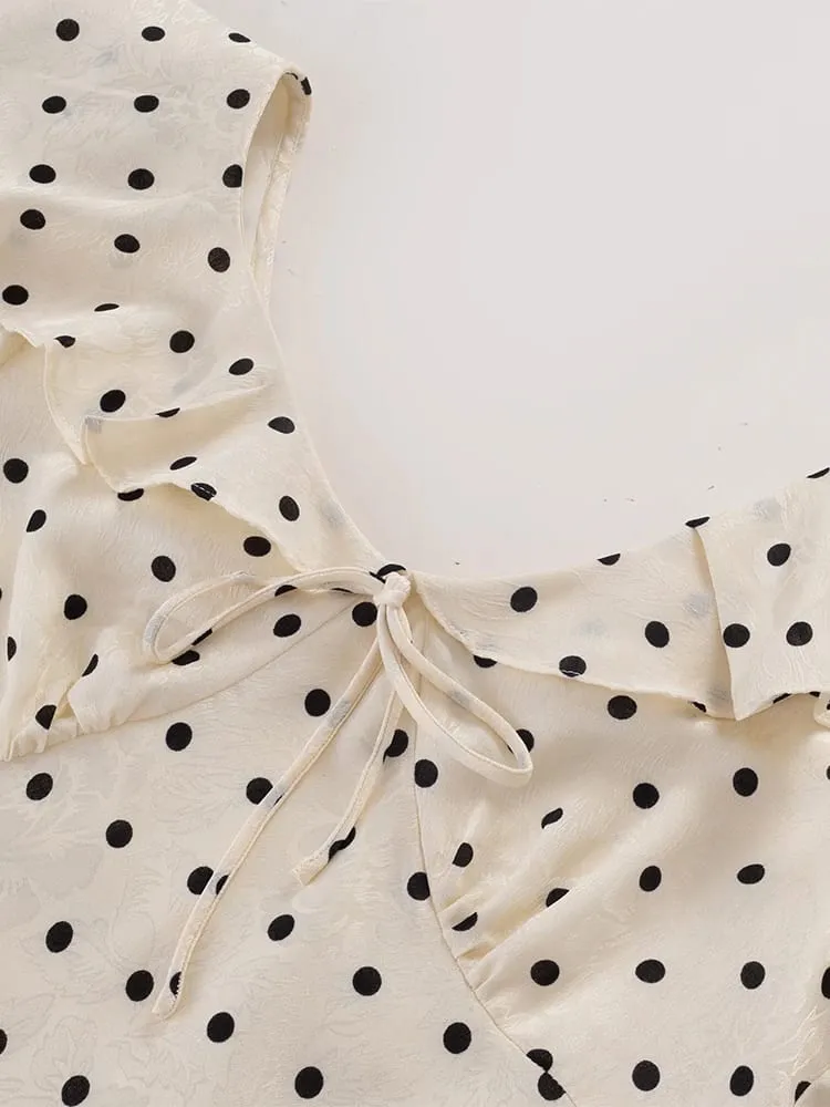 Chu Sau beauty Damen Neue Mode Süße Polka Dot Print Chic Rüschen Midikleid Französisch V-Ausschnitt Puffärmel Vintage Partykleider