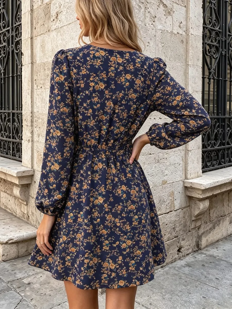 Women's V Neck Long Sleeve Floral Mini Dress Woven Elastic Waist Elegant Casual All Seasons Office Daily Dating Outfit