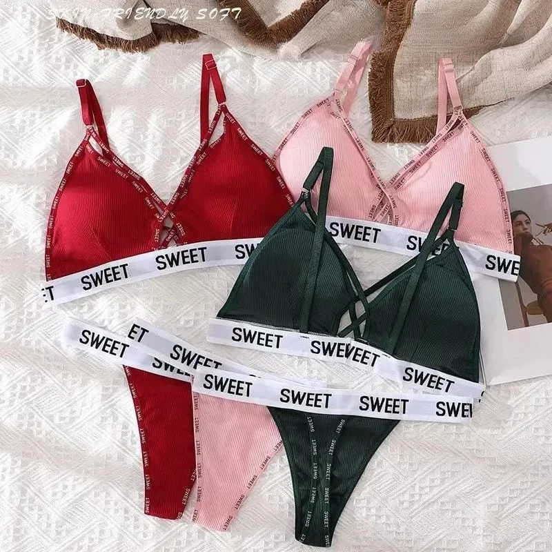 Women Padded Bra And Panties Set Front Cross Wireless Bra Low Rise G-string Female Letter Strap Underwear Sexy Lingerie Set