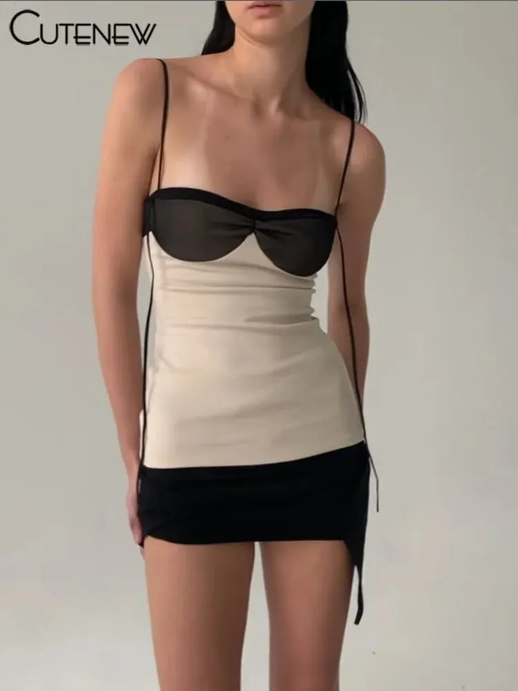 Cutenew Paneledผู้หญิงชุดมินิกระชับพู่Patchworkห่อหน้าอกไม่สม่ำเสมอBackless Super-สั้น Vestidoแนวโน้มStreetwear