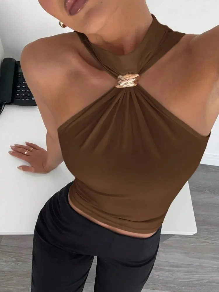 Metal Ring Decor Twist Knot Sleeveless Tank Top for Women Summer Casual Elegant Office Style Halter Neck Slim Fit Crop Top