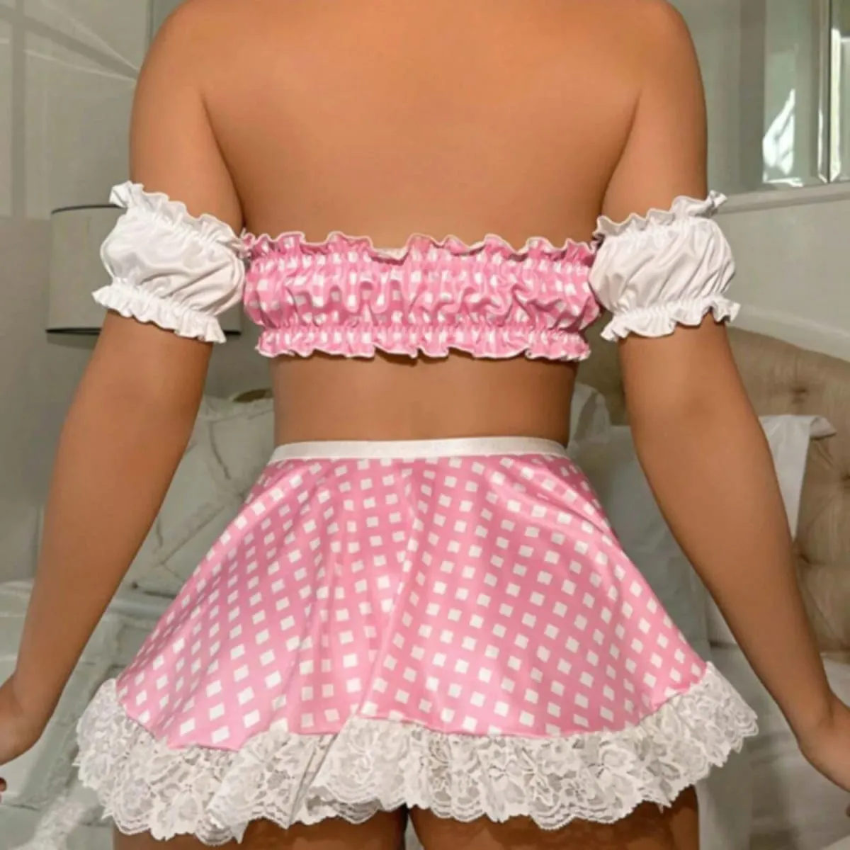 Sexy Maid Grid-Print Lace Skirt Lingerie Sets Adult Uniform Cosplay Backless Tube Tops Pouch Skirt Sets Elegant Night Club Wears