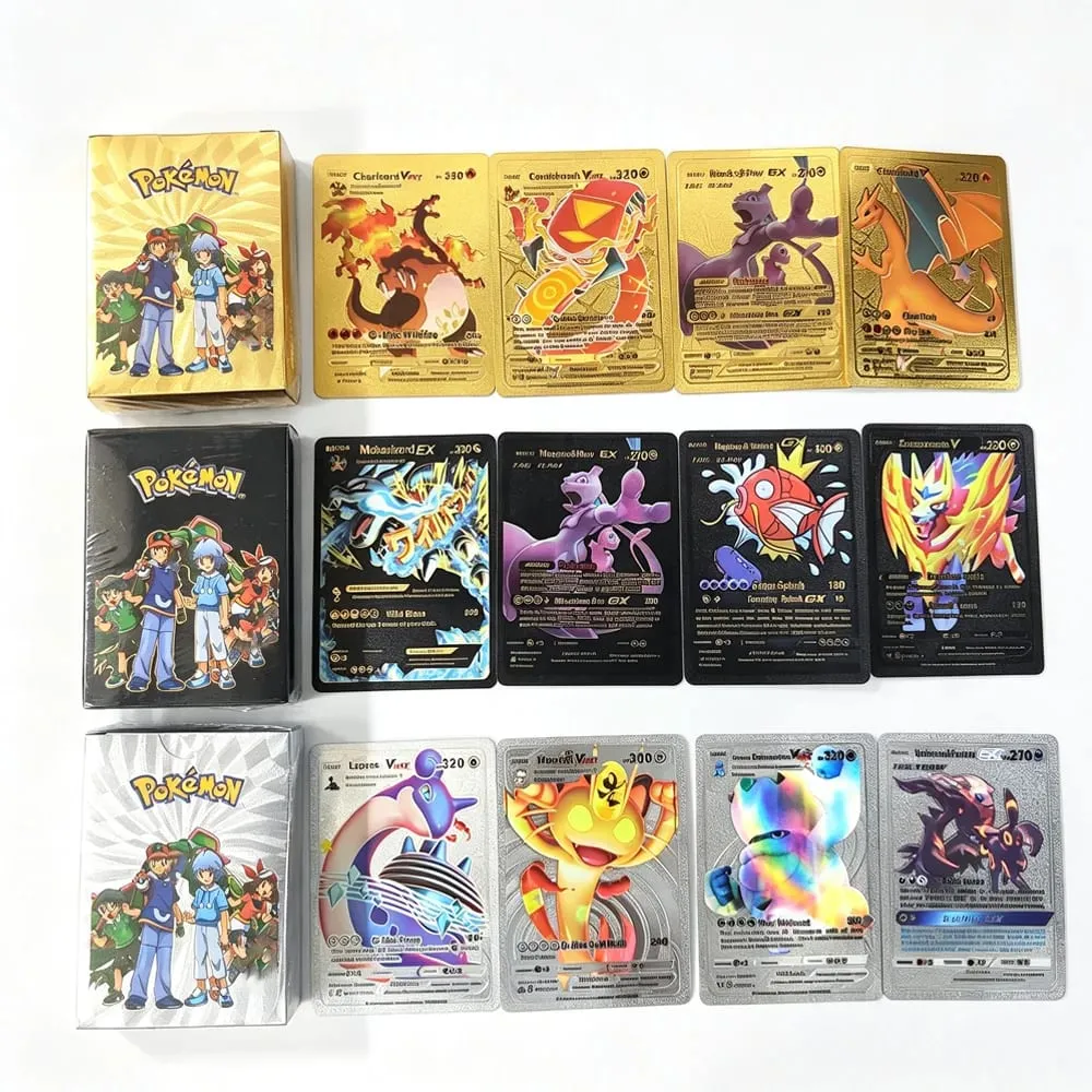 English 10-55Pcs Pokémon Gold Foil Cards Golden Letters English Game Card Charizard Vmax Gx Series Gift