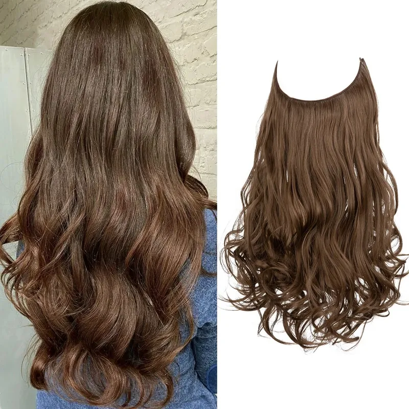 Sintético sem clipes na extensão do cabelo natural ombre preto loiro rosa uma peça onda longa fio invisível falso pedaço de cabelo