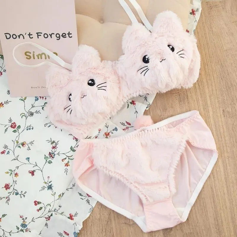 Cute Women Lingerie Set Wire-Free Cartoon Cat Winter Bra & Brief Sets Soft Girl Warm Underwear Panties Suit Winter