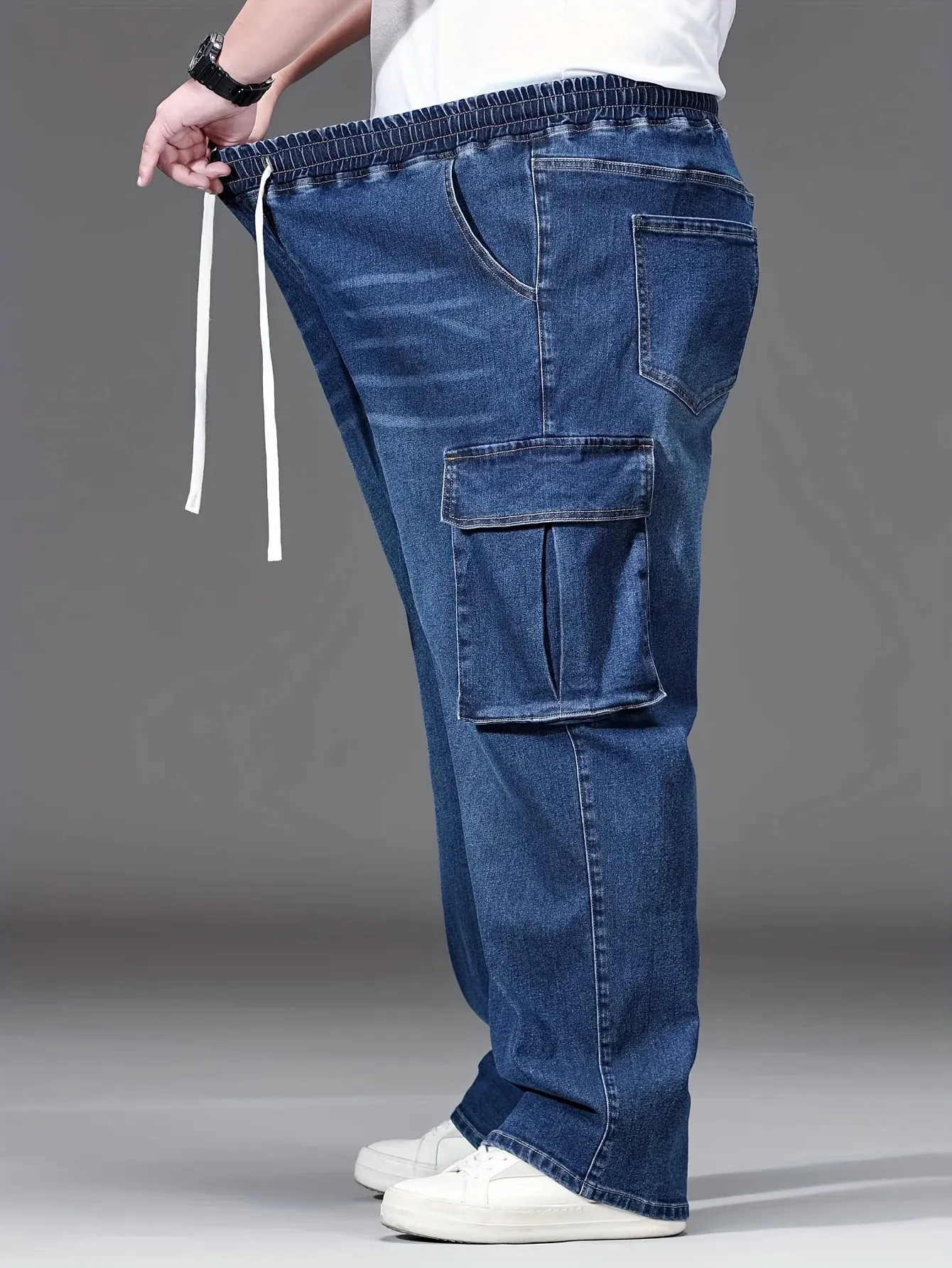 2026 New Men Oversized Jeans High Waist Elastic Drawstring Stretch Baggy Denim Pants Casual Versatile Plus Size Trousers