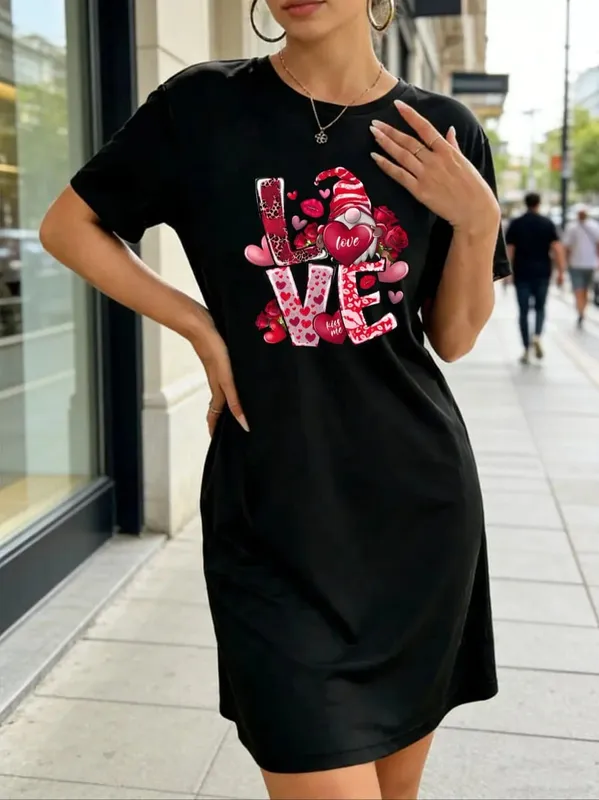 Women's Stylish Casual Plus-Size Design Heart-Shaped and Letter Print T-Shirt Dress - Casual Round Neck Stretch Fabric Machine