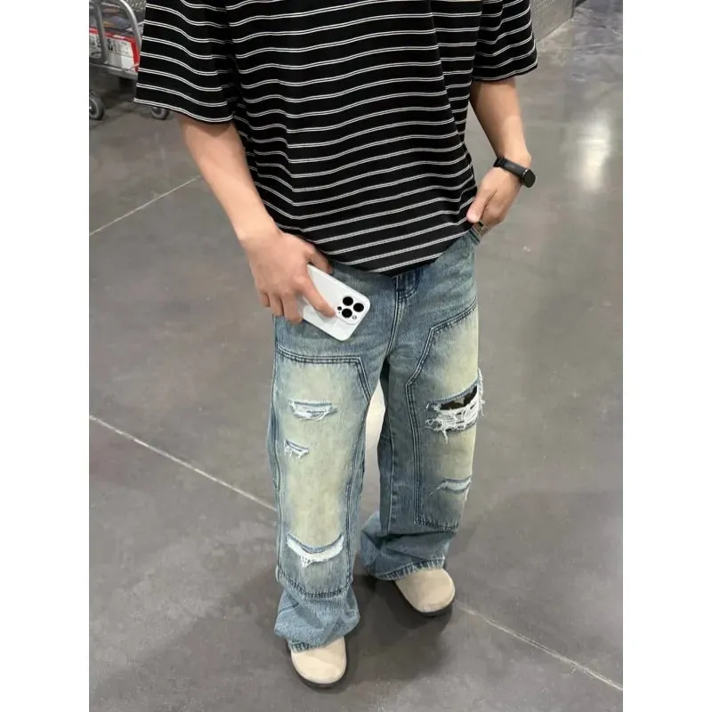 Jeans pour hommes Pantalons robustes lavés multi-poches Style charpentier Pantalon en denim droit et ample Coupe décontractée High Street