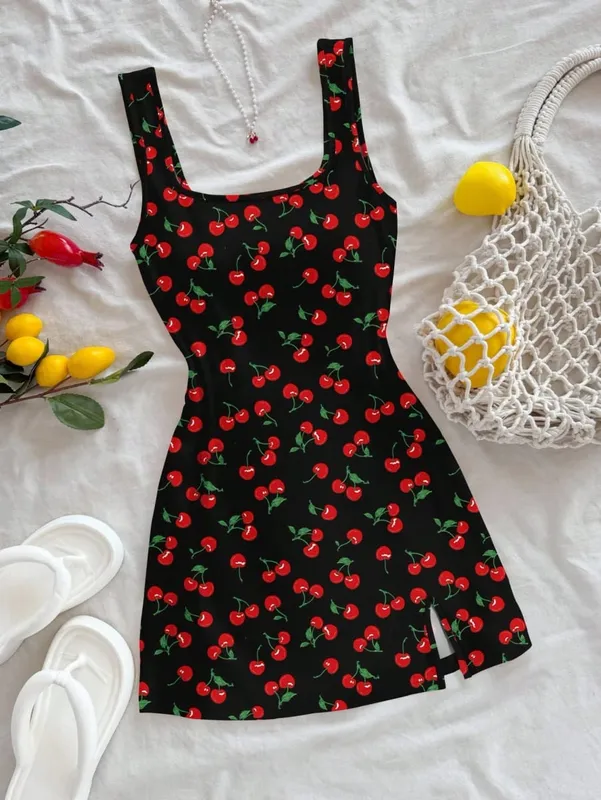 Summer Ladies Backless U-Neck Cherry Print Mini Dress Women's Sleeveless Gown Fashionable Casual Style