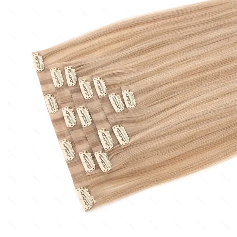 PU Clip Ins Human Hair Premium Remy Clip In Extension Sa Tape Weft Silk Straight European Real Natural na Buhok 14-24inch 7pcs 110G