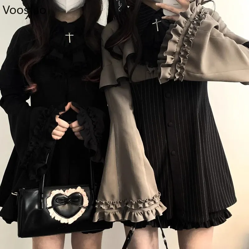 Vintage Lolita Tarzı Mini Elbise Seti Kadın Gotik Y2k Gevşek Flare Kol Sahte İki Adet Parti Elbiseler Kadın Kawaii Sevimli ...
