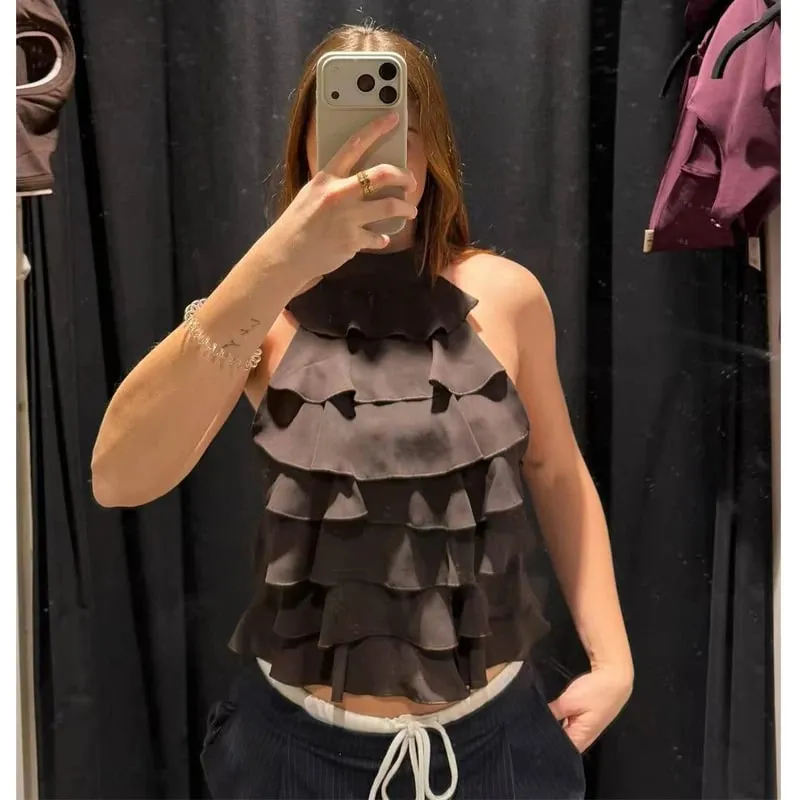 Ruffle Halter Top Women off Shoulder Backless Tops for Women Summer Sleeveless Tops Woman Sexy Camisole Crop Top Female