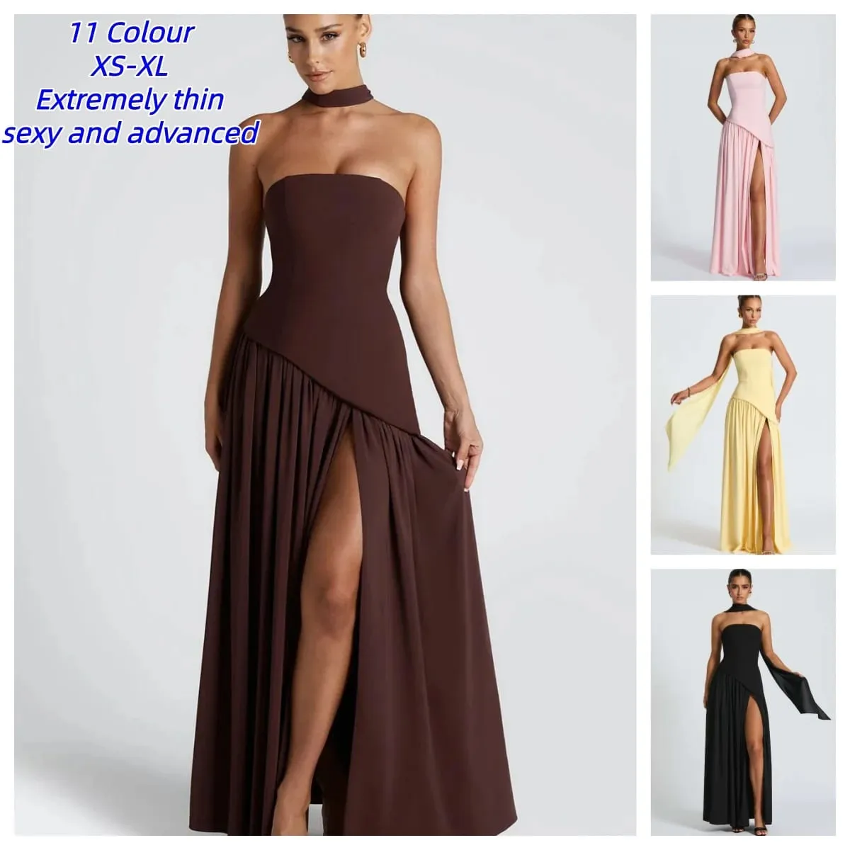Elegant Off-shoulder Strapless Sexy Summer Party Women Gown Patchwork Pleat Scarf Neck Holiday Evening High Split Long Dresses