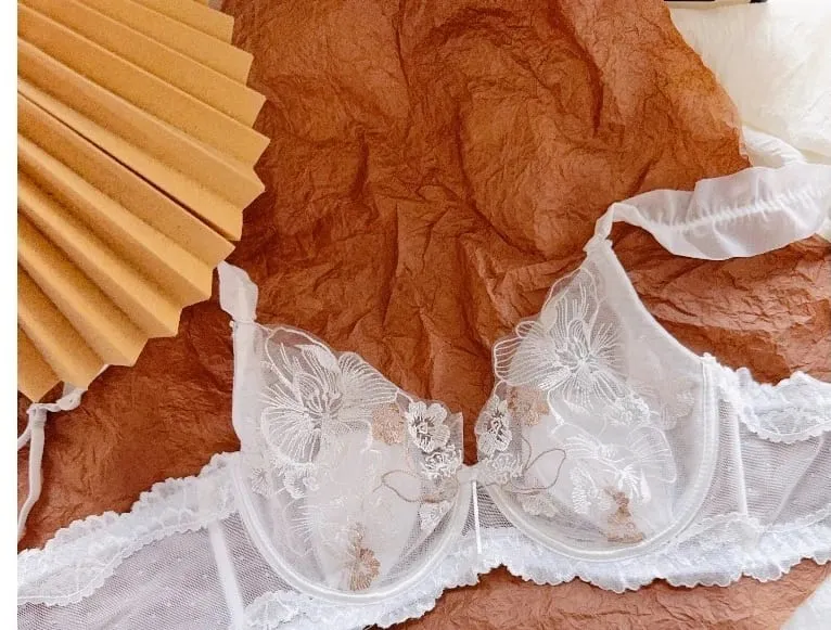 Women French Floral Lace Bra Set Ultra Thin Rabbit Ear Cup Soft Underwire Sexy Lingerie Big Bust Minimizer Breathable Daily Bra