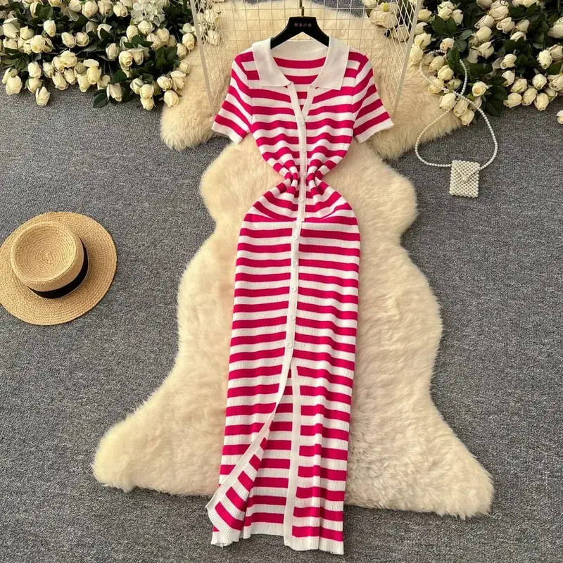 YuooMuoo Chic Fashion Sexy Wrap Hips Knitted Maxi Dress 2026 Summer Women Single-breasted Stripes Sweater Dress Streetwear Robes