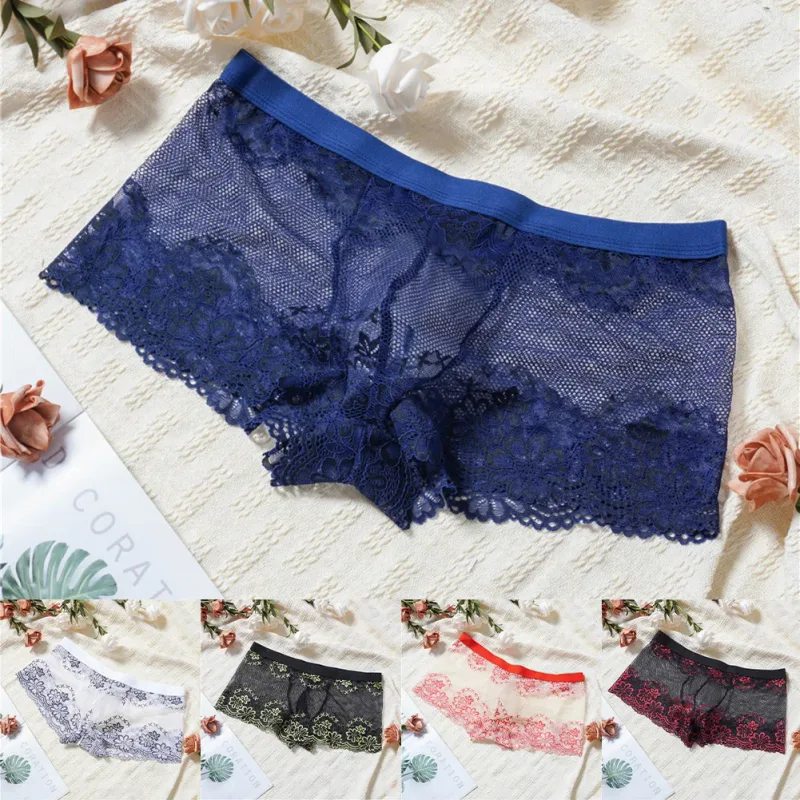 Men Lace Jacquard Mesh Boxer Shorts Underwear Hollow Temptation Exotic Trunks Silk Soft Quick Dry Breathable Sexy Panties — image 7