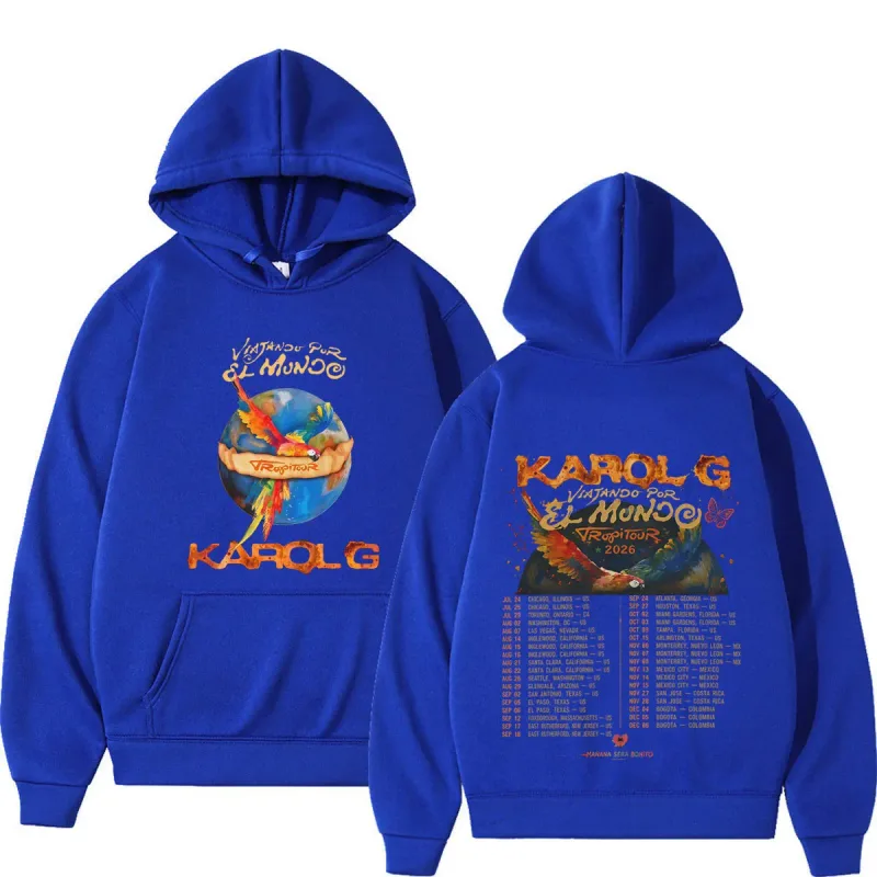 Karol G Viajando Por El Mundo Tropitour 2026 Graphics Hoodie Men Women Loose Casual Pullover Long Sleeves Fashion Sweatshirts